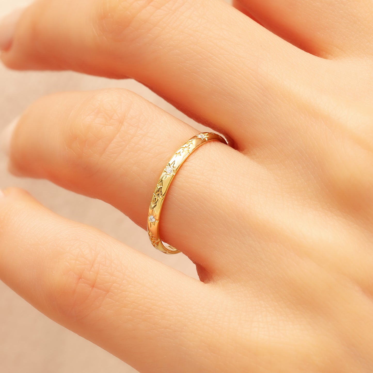 14K Starburst Stacking Ring – Solid Gold Celestial Band for Women