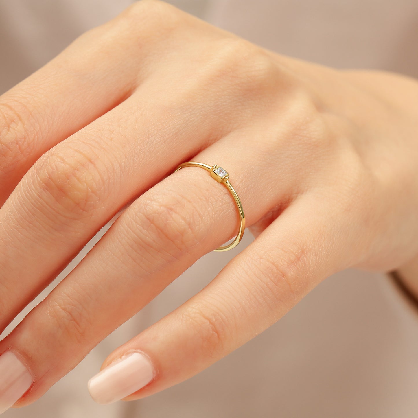 Princess Cut Zircon Minimalist Solid Gold Ring