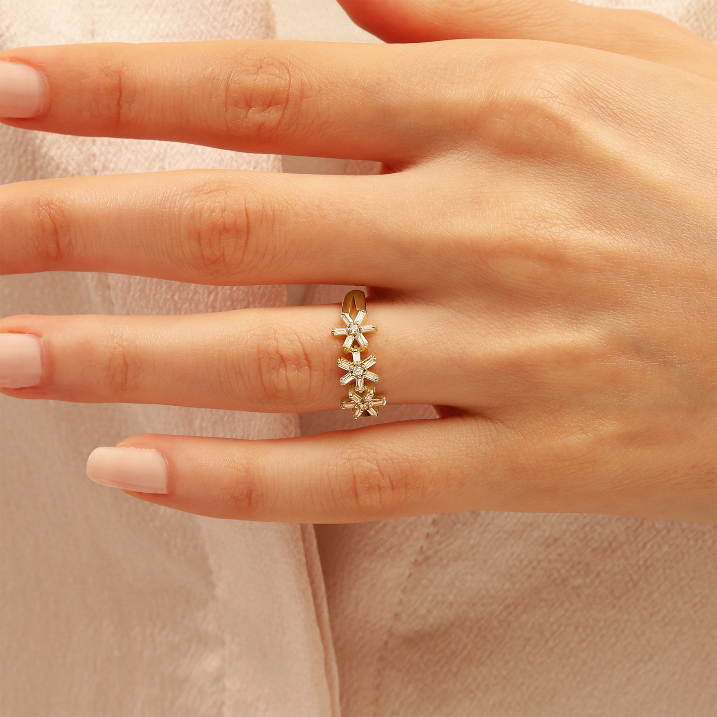 14K Floral Gold Ring with Baguette Zircon