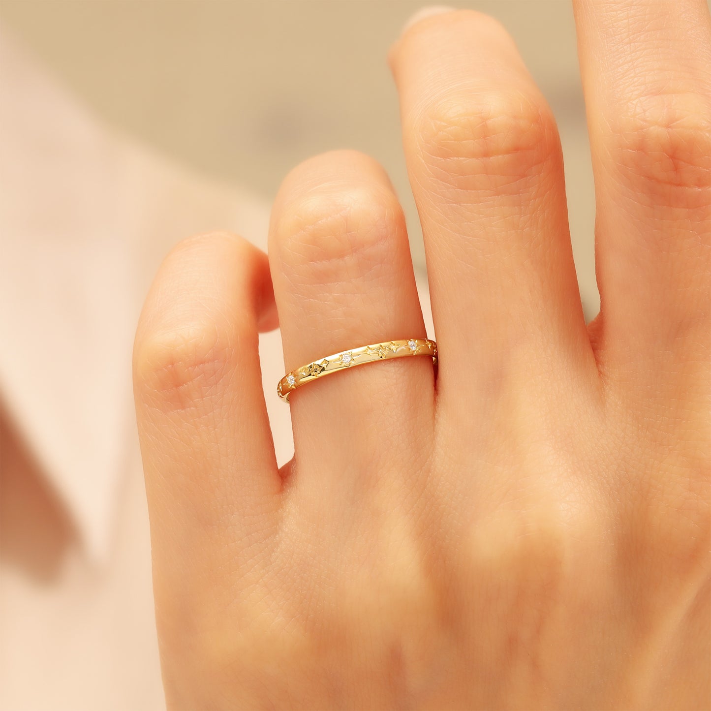 14K Starburst Stacking Ring – Solid Gold Celestial Band for Women