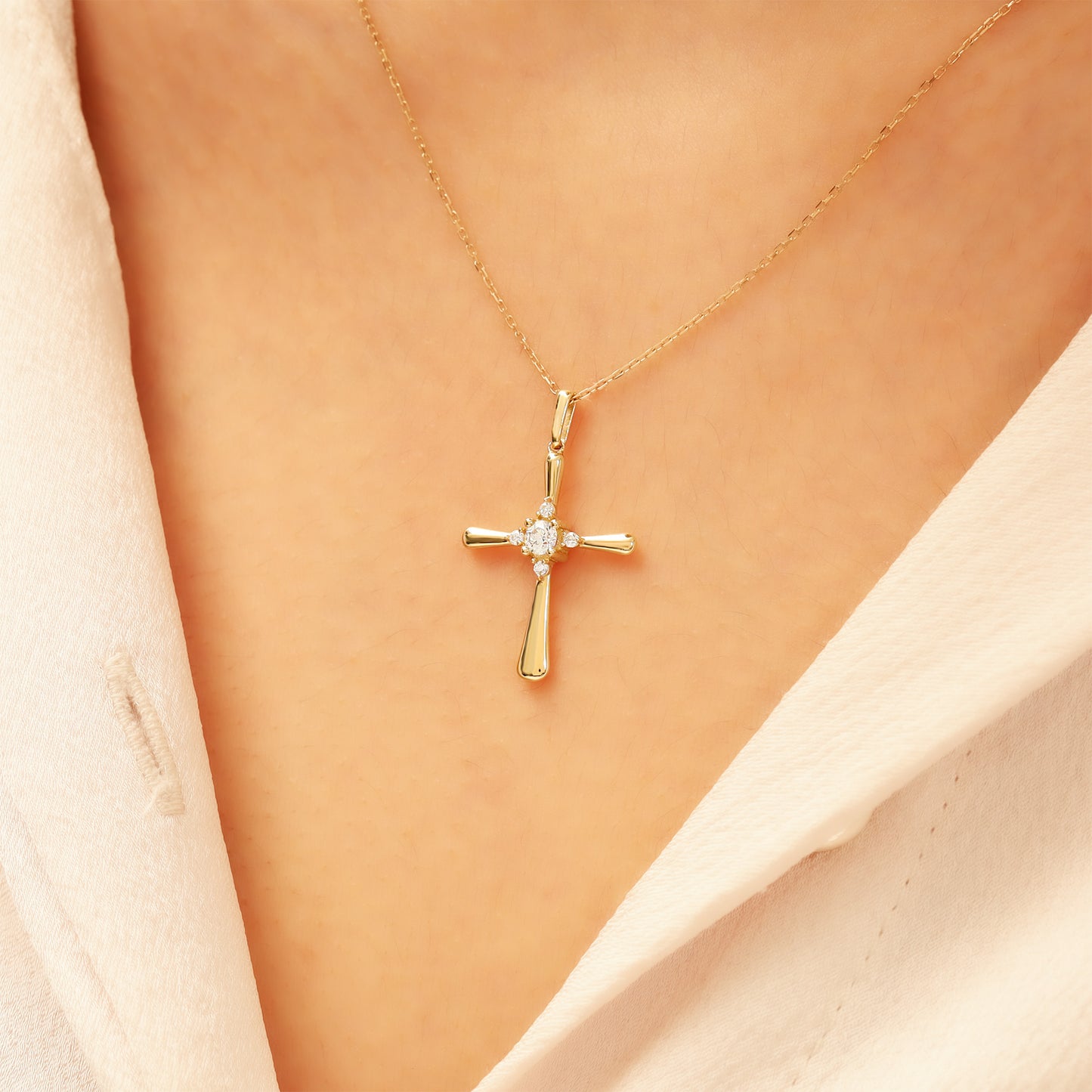 14k Gold Cross Necklace – Dainty CZ Faith Pendant
