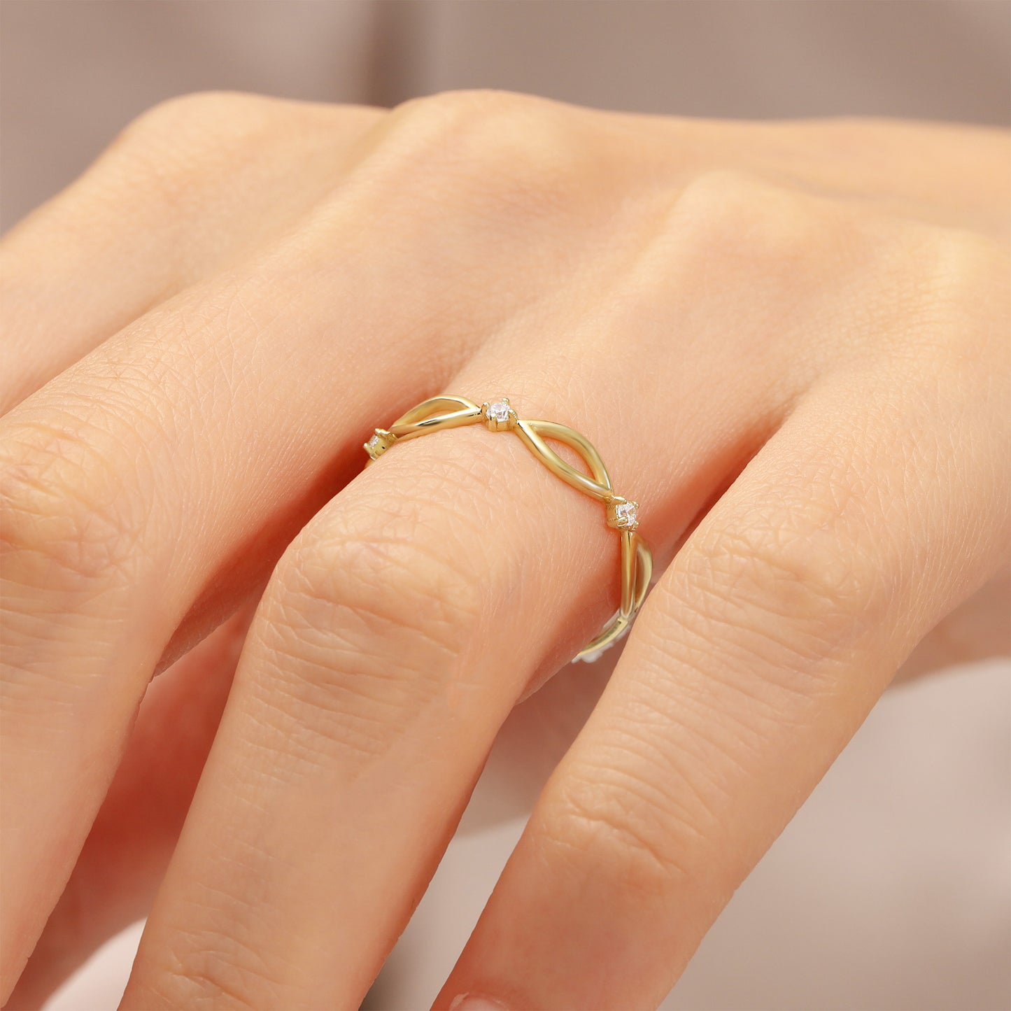 14K Dainty Infinity Solid Gold Ring with Zircon