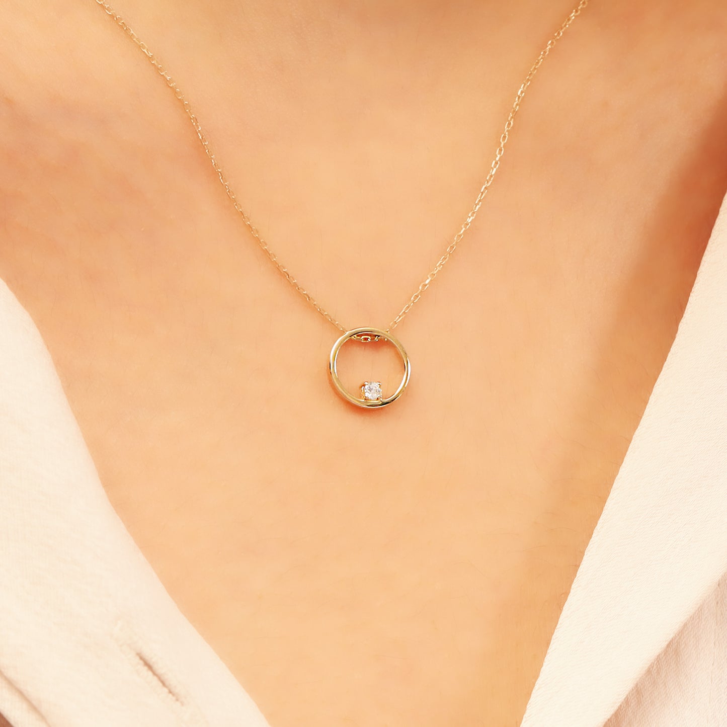 Gold Circle Necklace – 14K Solid Gold CZ Pendant