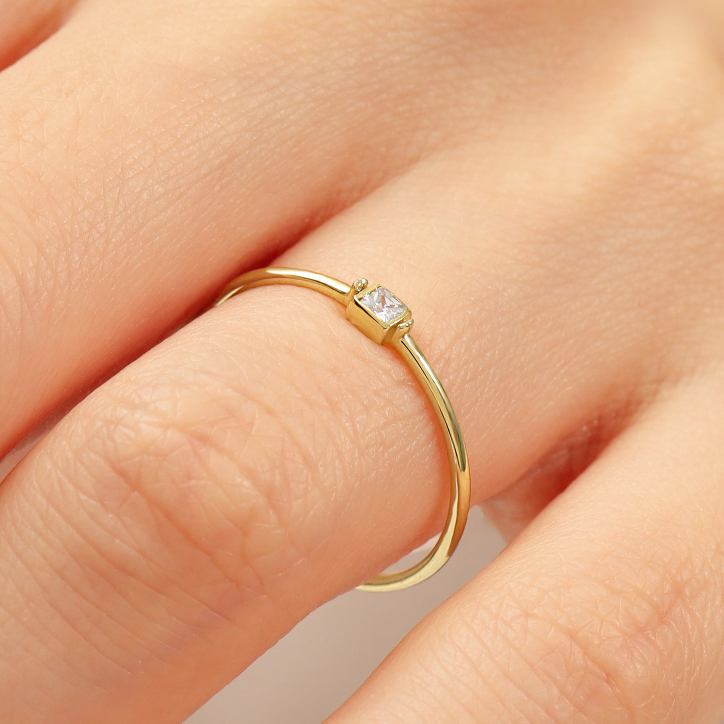Princess Cut Zircon Minimalist Solid Gold Ring