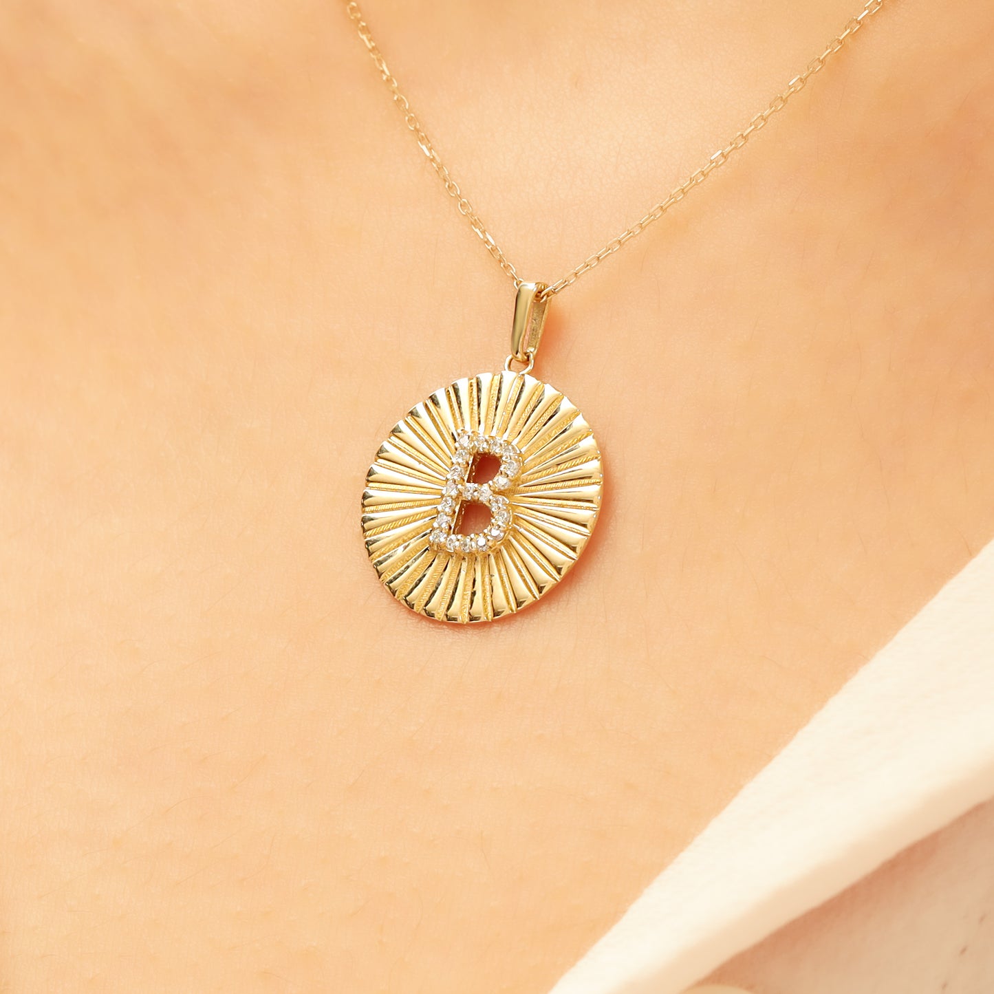 Gold Initial Necklace – 14K Sunburst Medallion Pendant