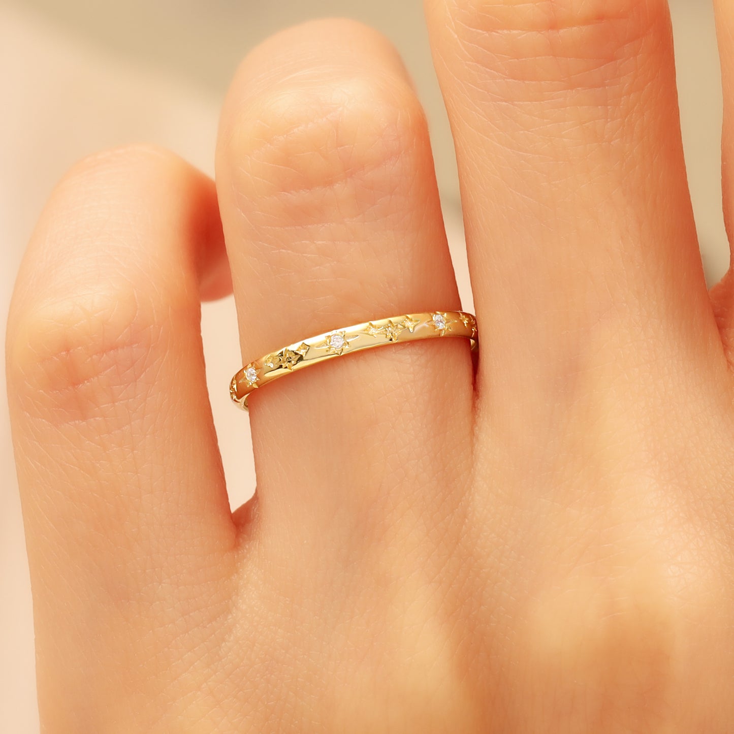 14K Starburst Stacking Ring – Solid Gold Celestial Band for Women