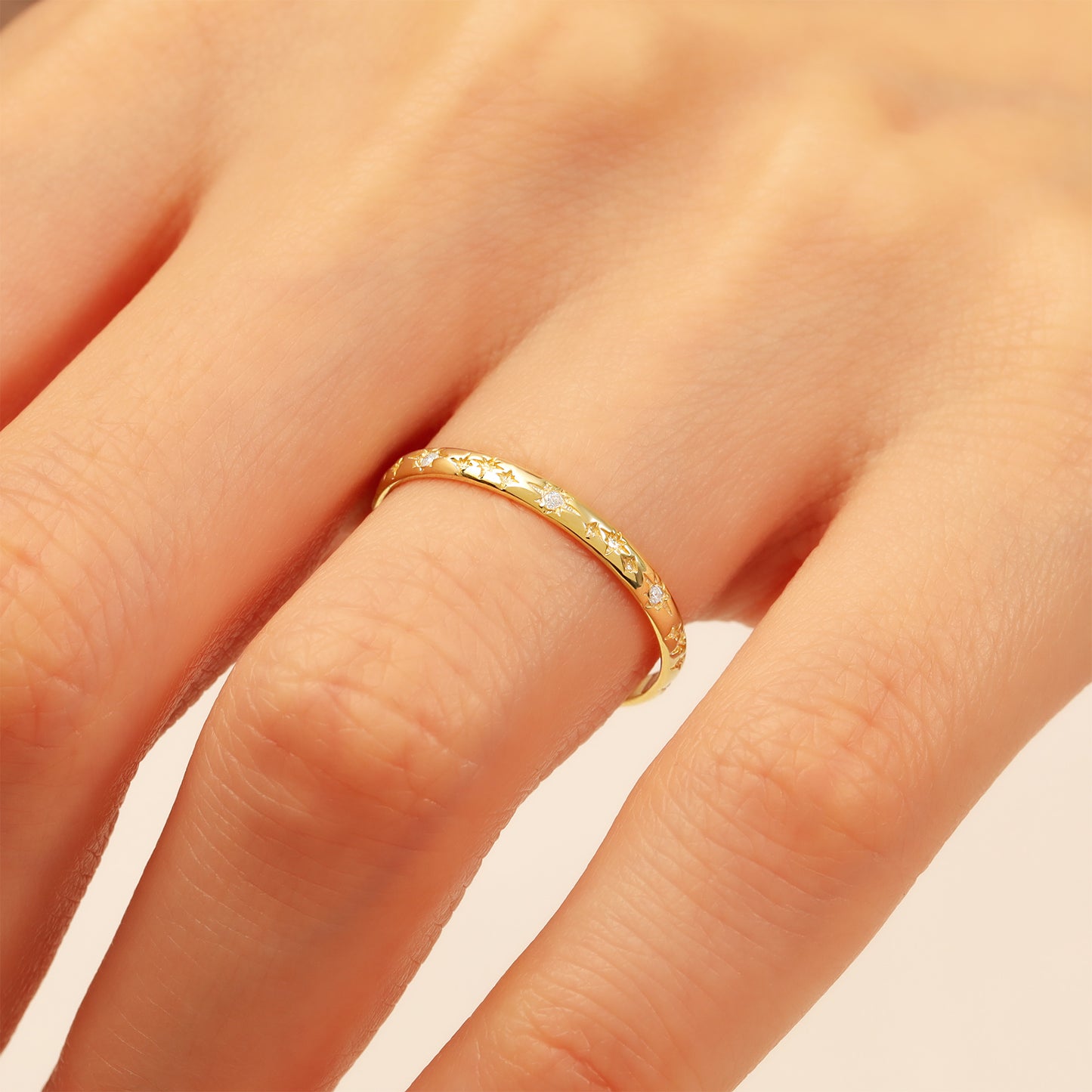 14K Starburst Stacking Ring – Solid Gold Celestial Band for Women