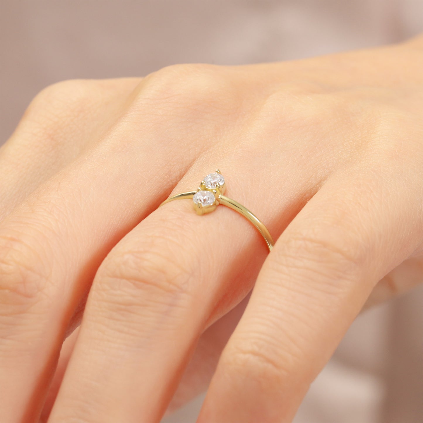 14K Minimalist Double Zircon Stone Gold Ring