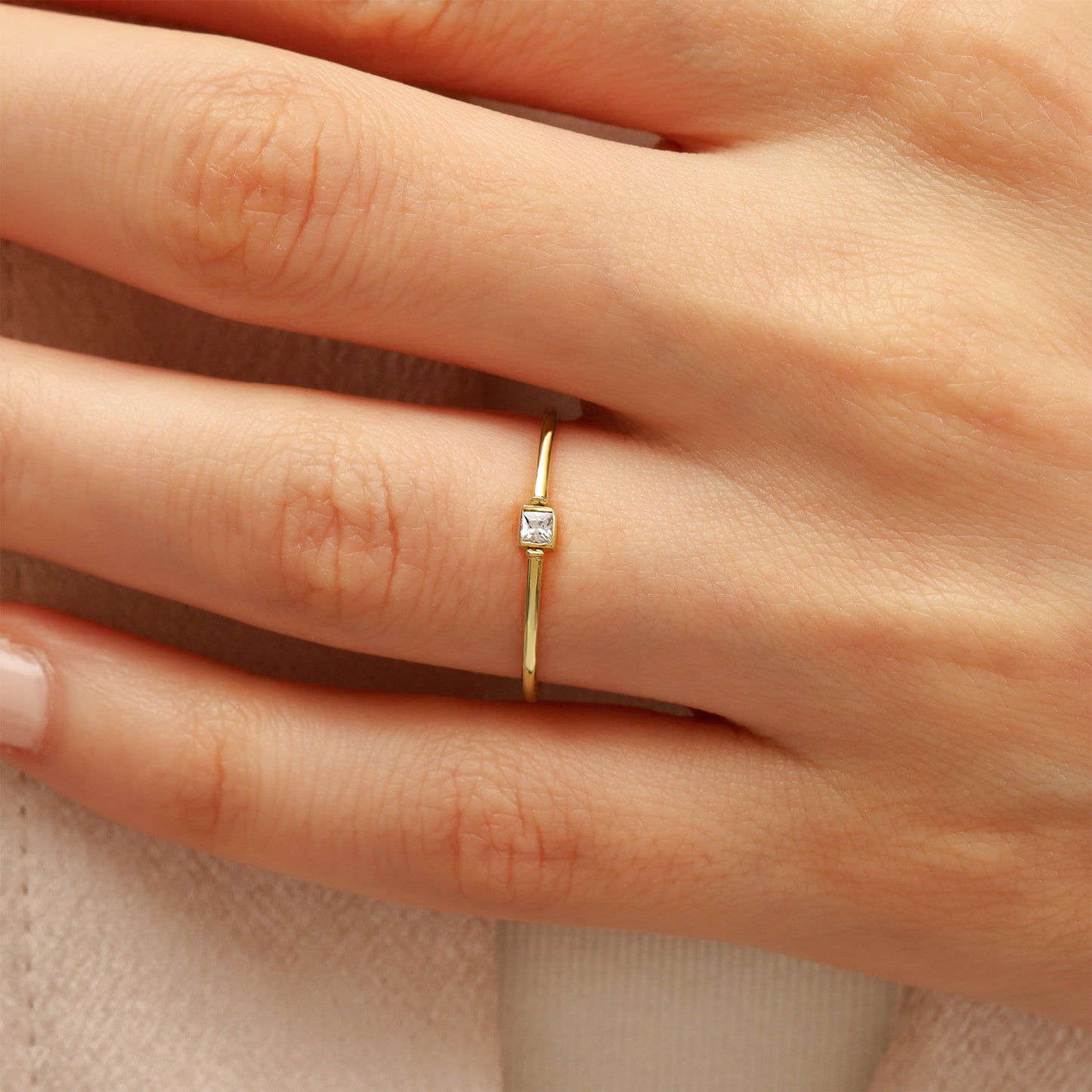 Princess Cut Zircon Minimalist Solid Gold Ring