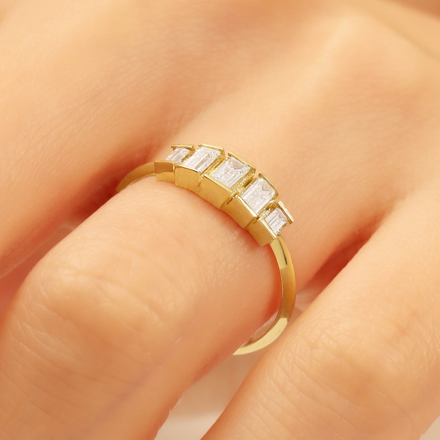 14K Baguette Zircon Solid Gold Stacking Ring