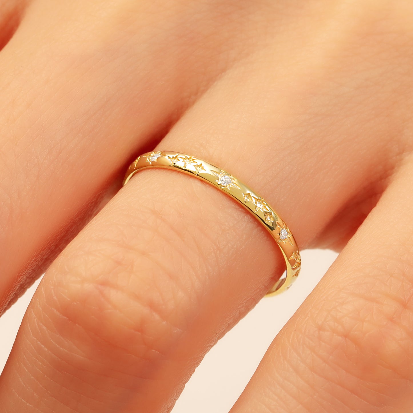 14K Starburst Stacking Ring – Solid Gold Celestial Band for Women