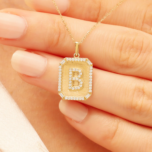 Gold Initial Pendant Necklace – 14K “B” Pavé CZ Frame
