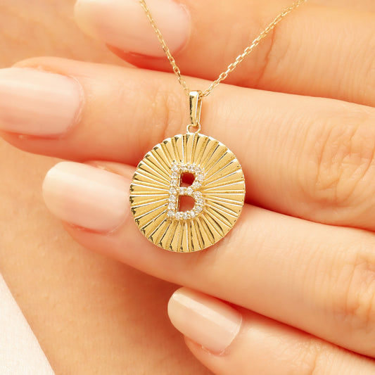 Gold Initial Necklace – 14K Sunburst Medallion Pendant