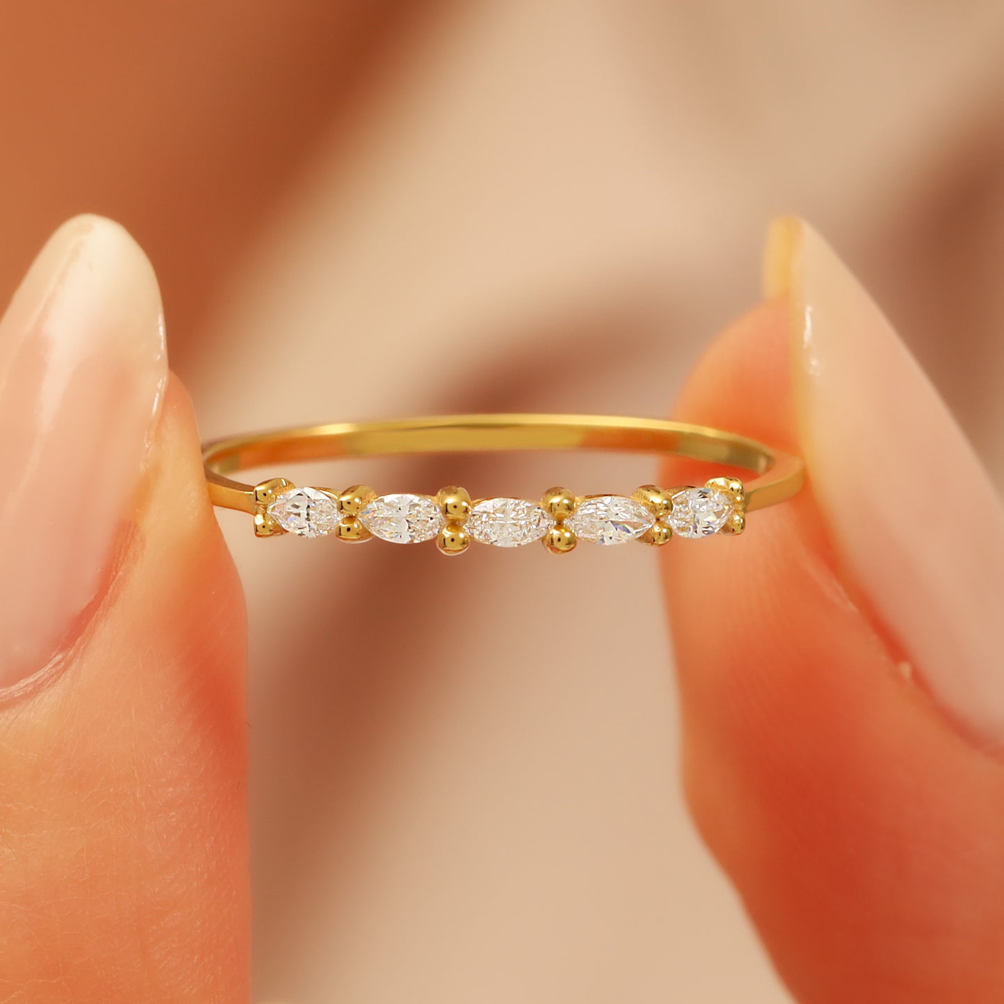 14K Marquise Cut Zircon Stone Minimal Solid Gold Ring