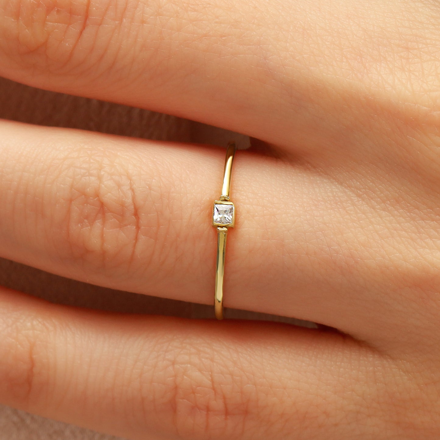 Princess Cut Zircon Minimalist Solid Gold Ring