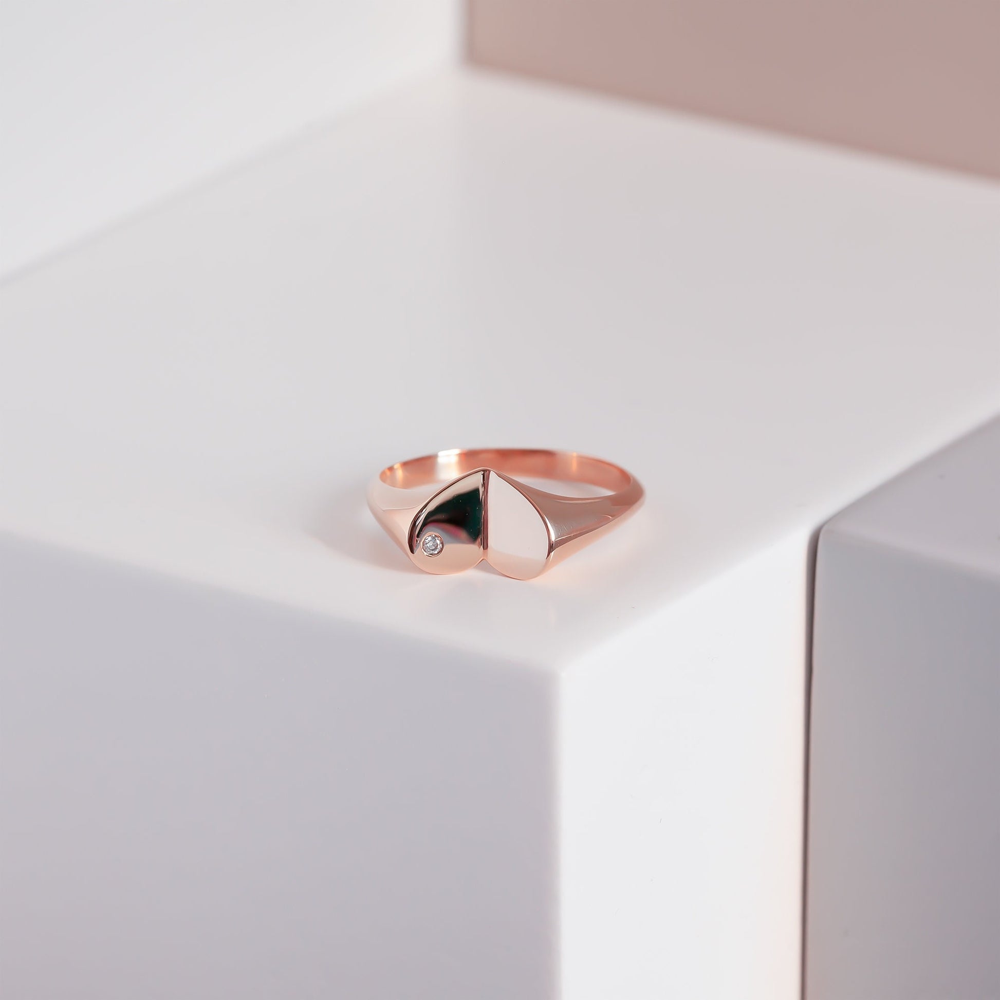 14k Solid Gold Diamond Heart Signet Ring,  X Large Heart Ring, Bold Gold Ring, Chunky Diamond Ring, Elegant Thick Anniversary Ring For Her