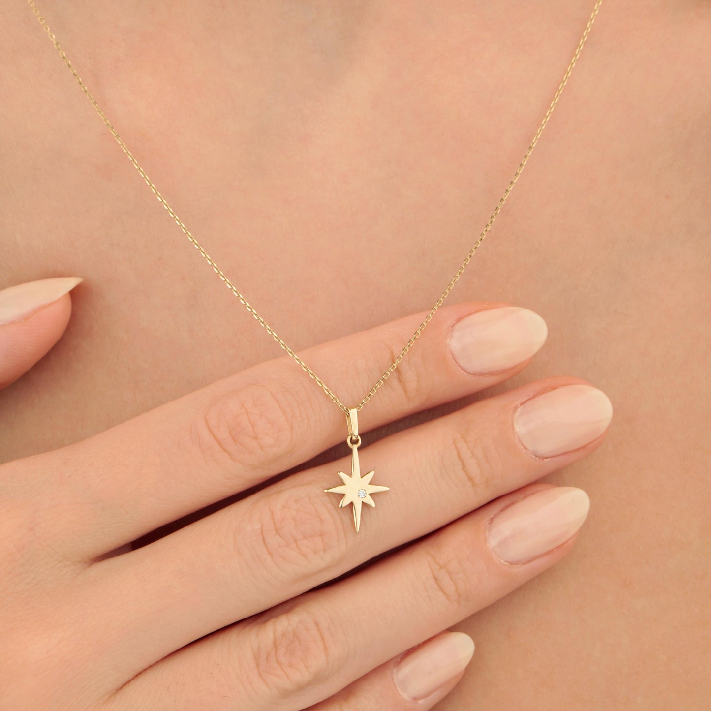 14k Solid Gold Diamond North Star Pendant Necklace, Star Necklace, Celestial Pendant, Shimmering Celestial Charm, Perfect Gift for Women