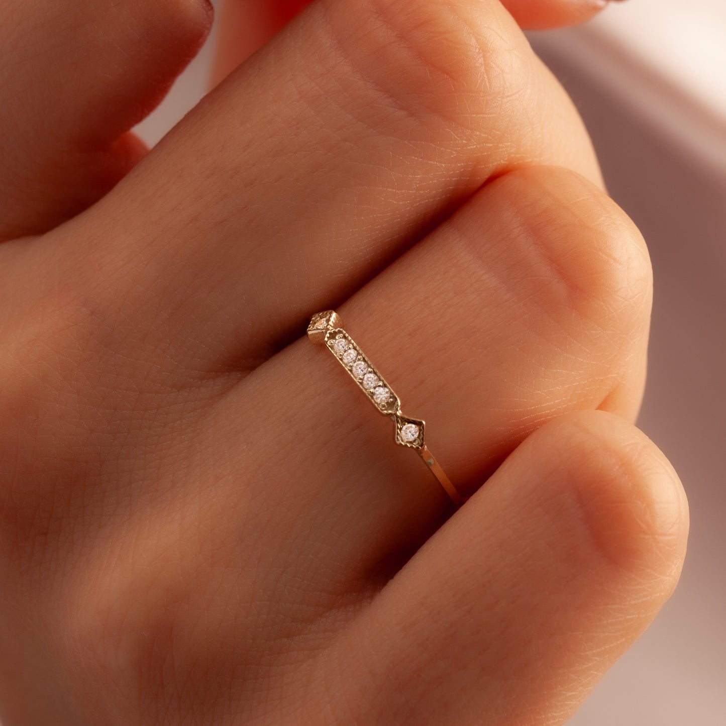 Vintage Style Art Deco Wedding Ring 14K Solid Gold