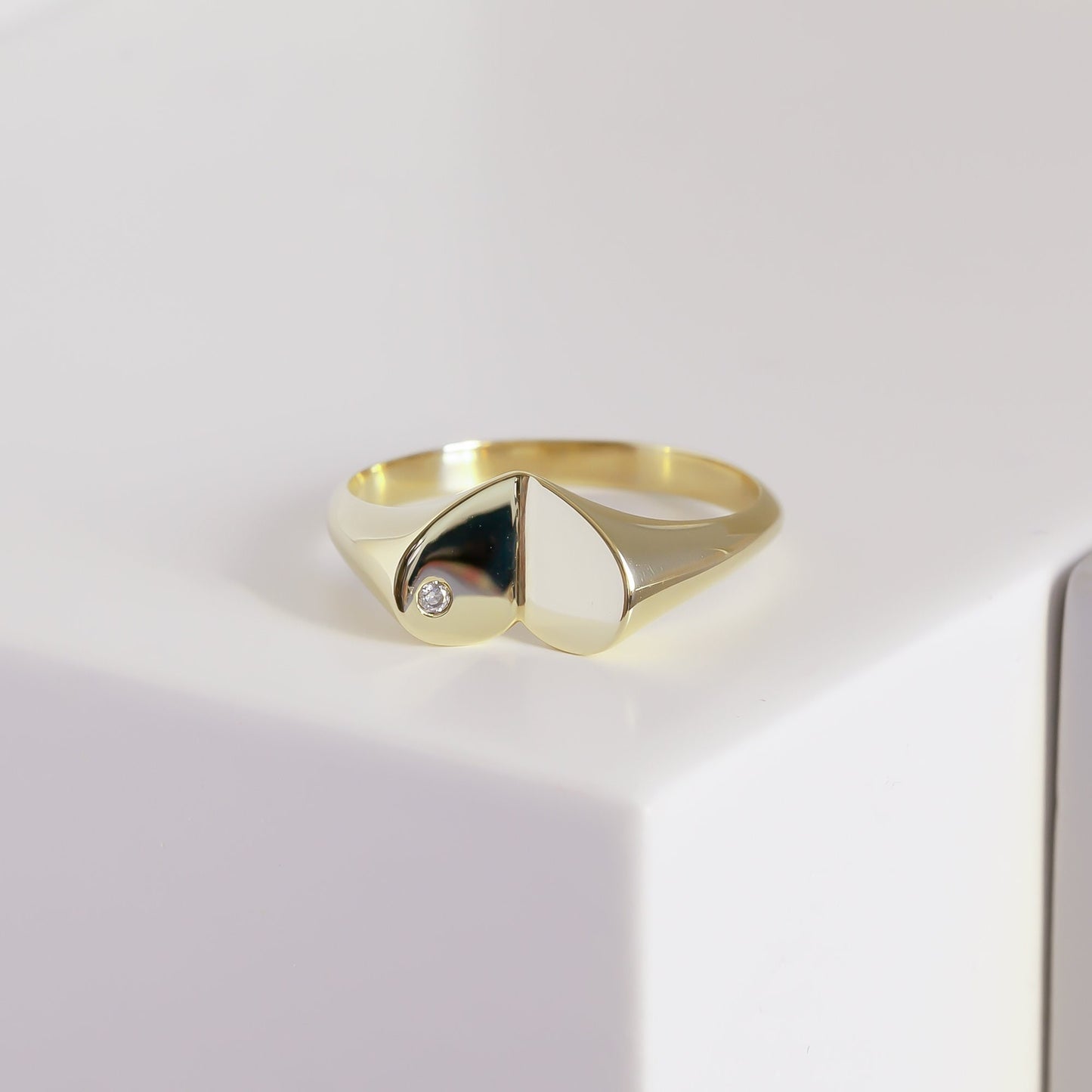 14k Solid Gold Diamond Heart Signet Ring,  X Large Heart Ring, Bold Gold Ring, Chunky Diamond Ring, Elegant Thick Anniversary Ring For Her