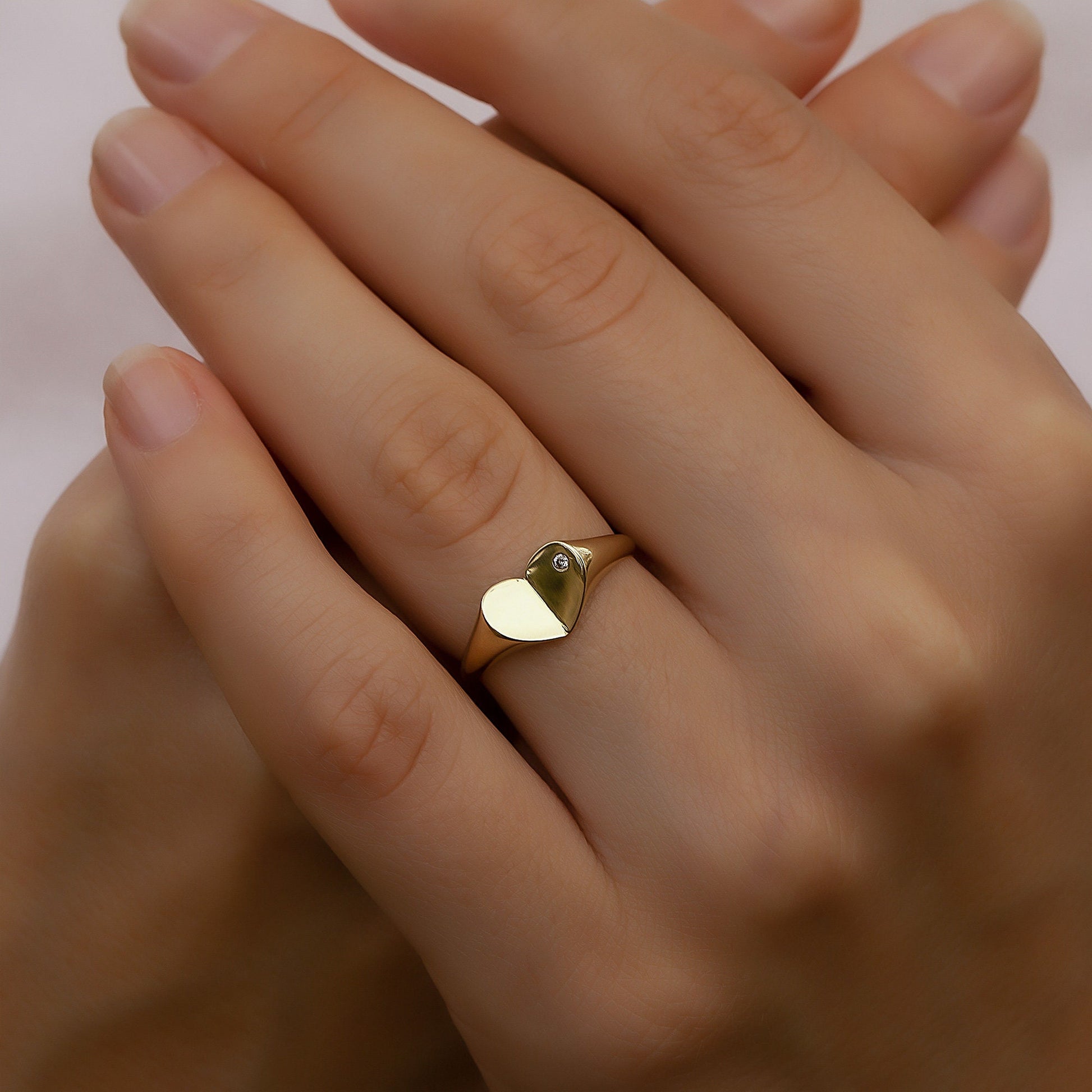 14k Solid Gold Diamond Heart Signet Ring,  X Large Heart Ring, Bold Gold Ring, Chunky Diamond Ring, Elegant Thick Anniversary Ring For Her