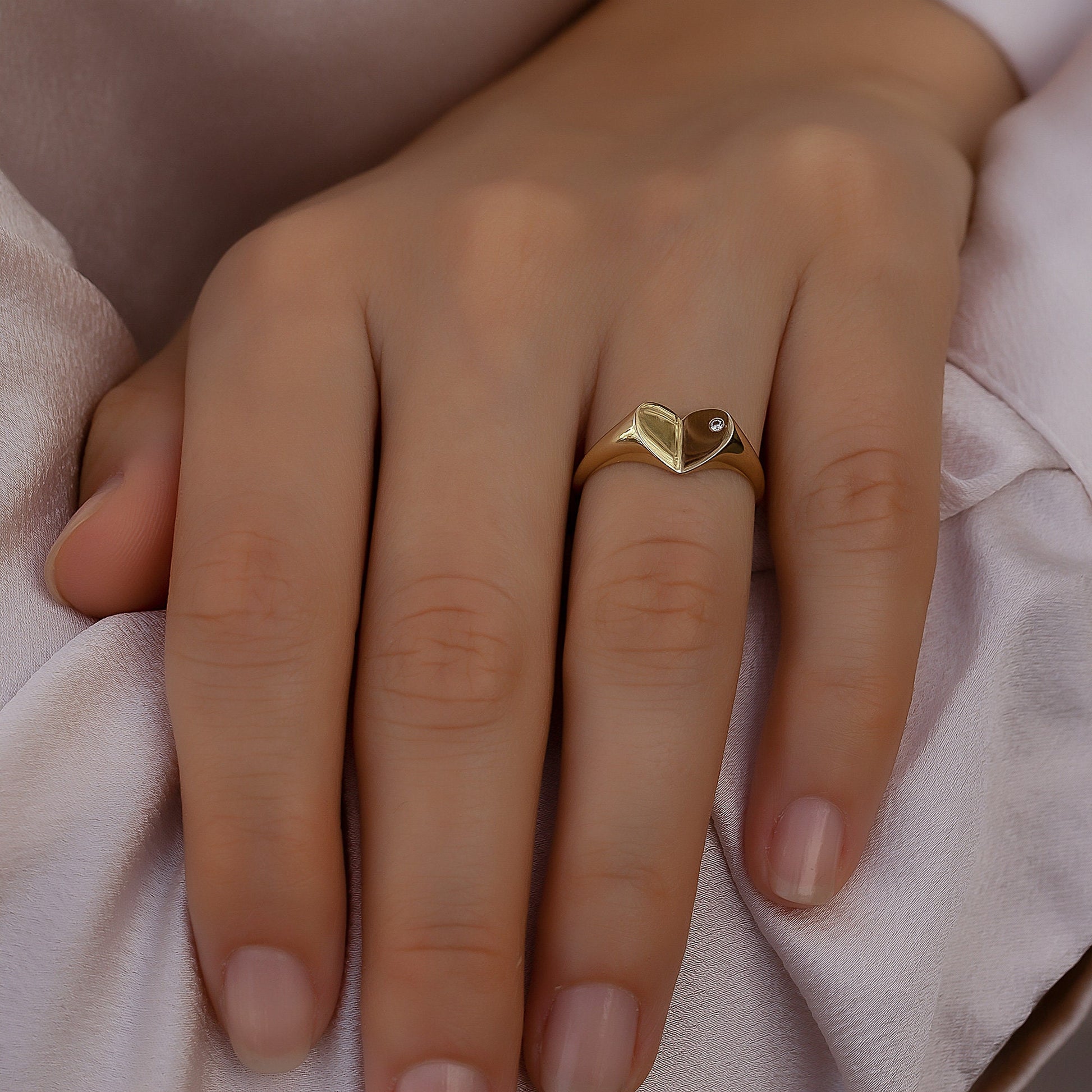 14k Solid Gold Diamond Heart Signet Ring,  X Large Heart Ring, Bold Gold Ring, Chunky Diamond Ring, Elegant Thick Anniversary Ring For Her