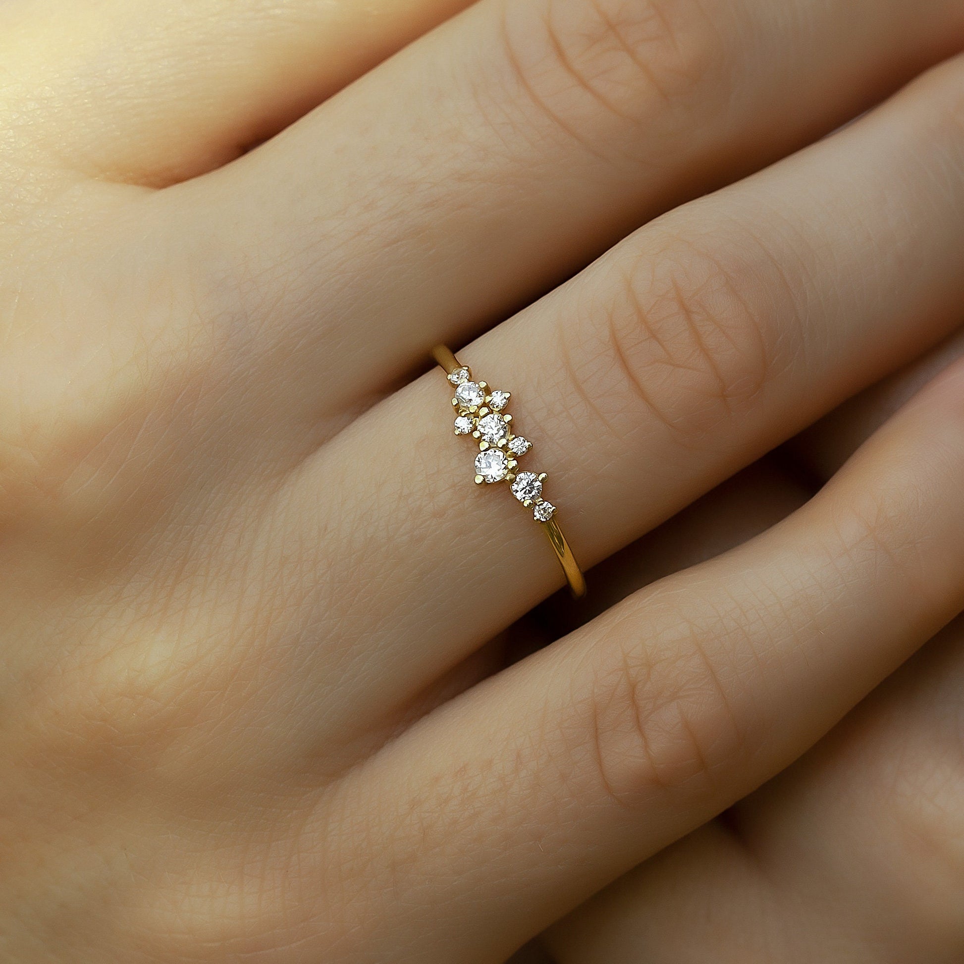 14k Solid Gold Dainty Cluster Ring, Unique Wedding Band Gold, Cute Promise Ring, Delicate Bridal Ring, Special Design Real Gold Ring For Her