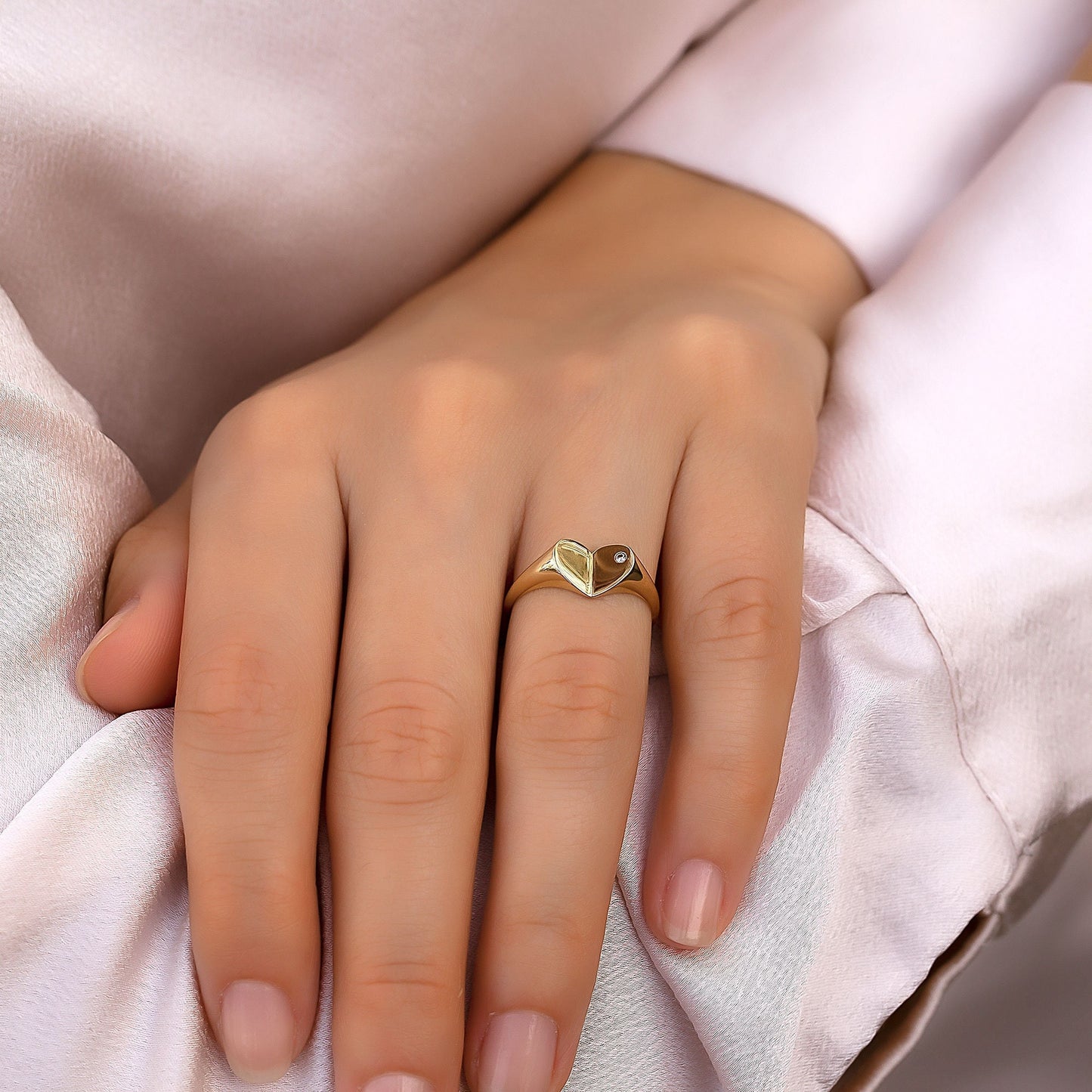 14k Solid Gold Diamond Heart Signet Ring,  X Large Heart Ring, Bold Gold Ring, Chunky Diamond Ring, Elegant Thick Anniversary Ring For Her
