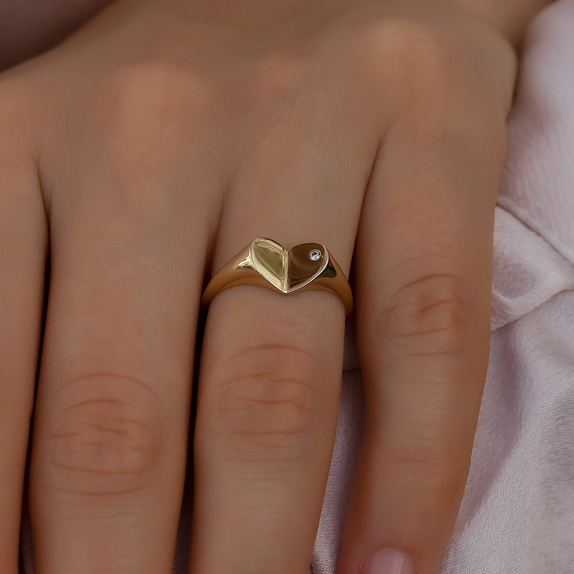 14k Solid Gold Diamond Heart Signet Ring,  X Large Heart Ring, Bold Gold Ring, Chunky Diamond Ring, Elegant Thick Anniversary Ring For Her