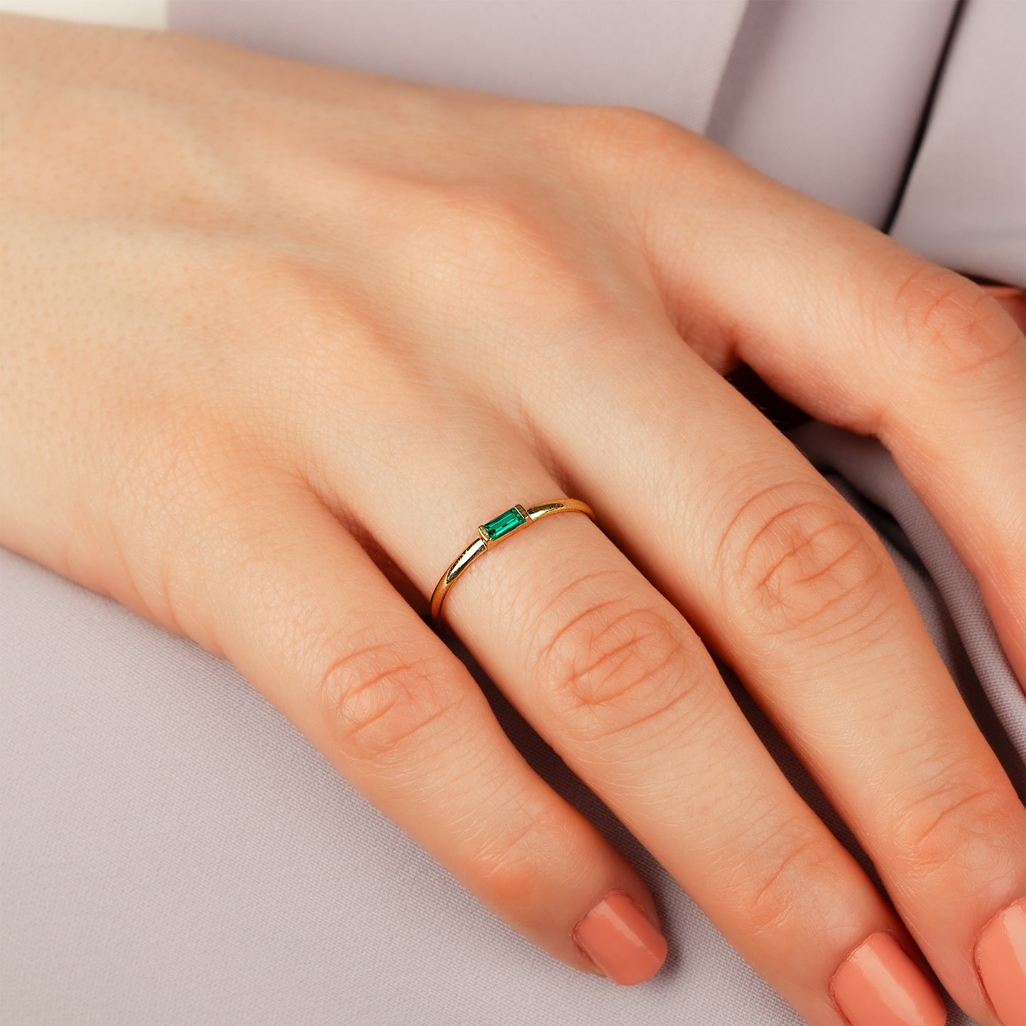 Emerald Dainty Simple Baguette Stacking 14K Ring in Gold