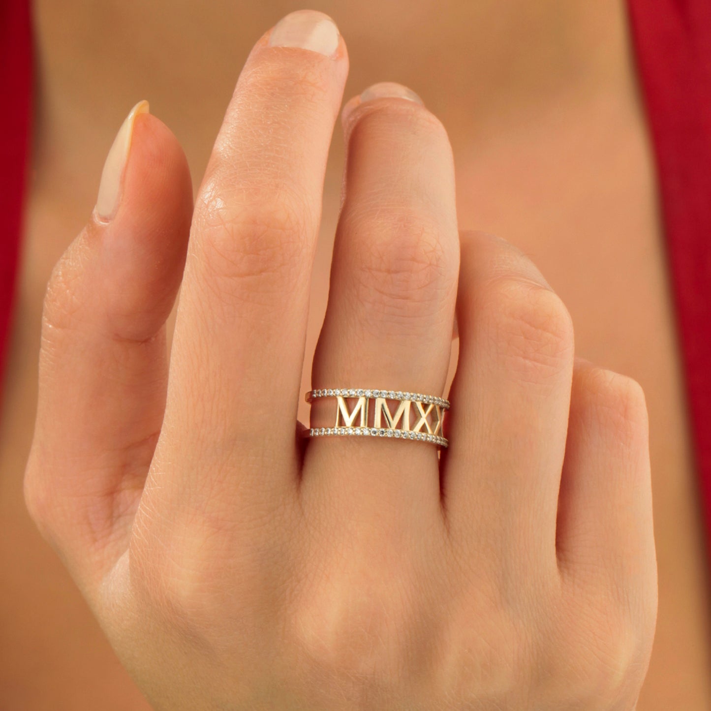 14K Roman Numeral Gold Ring with Zircon Stones