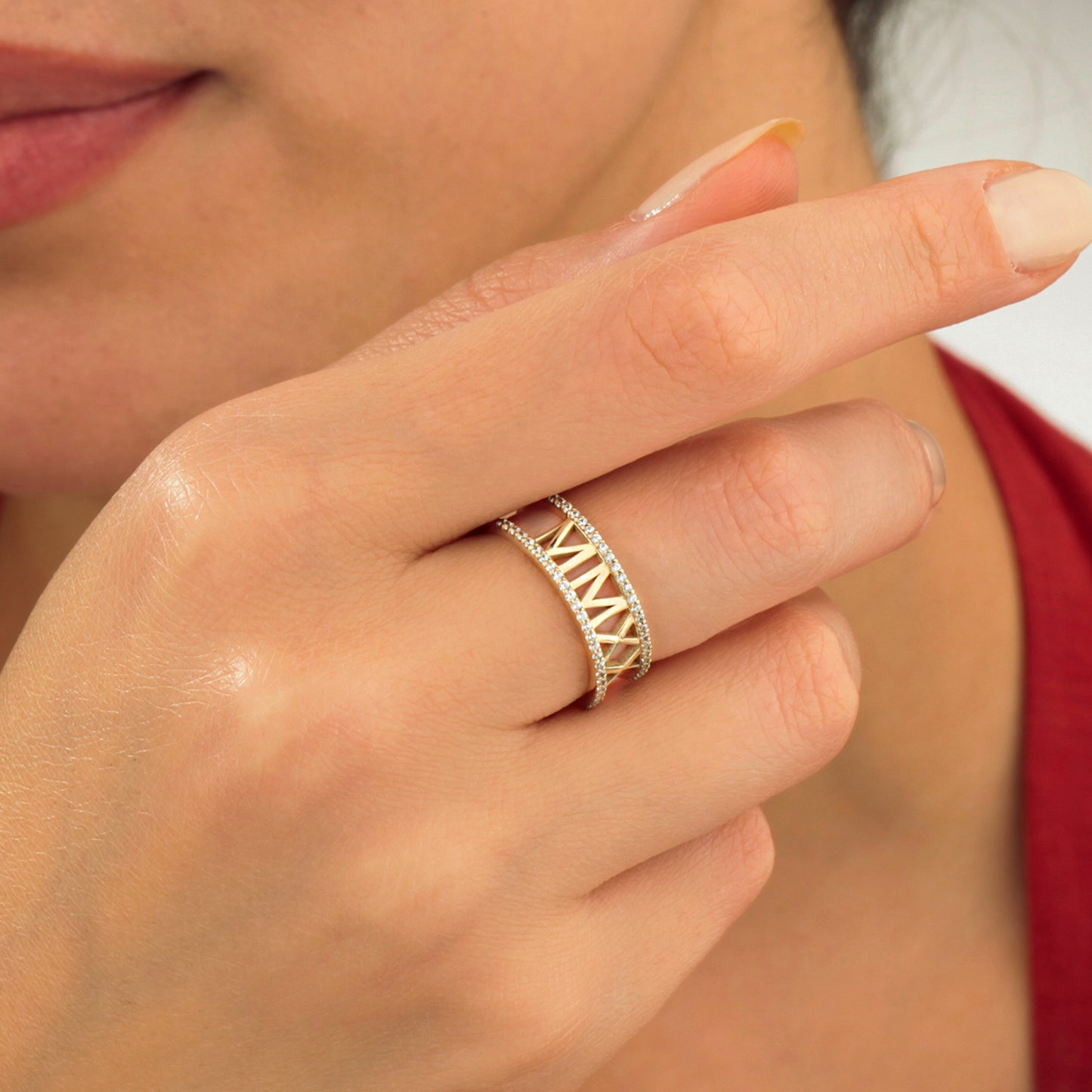 14K Roman Numeral Gold Ring with Zircon Stones