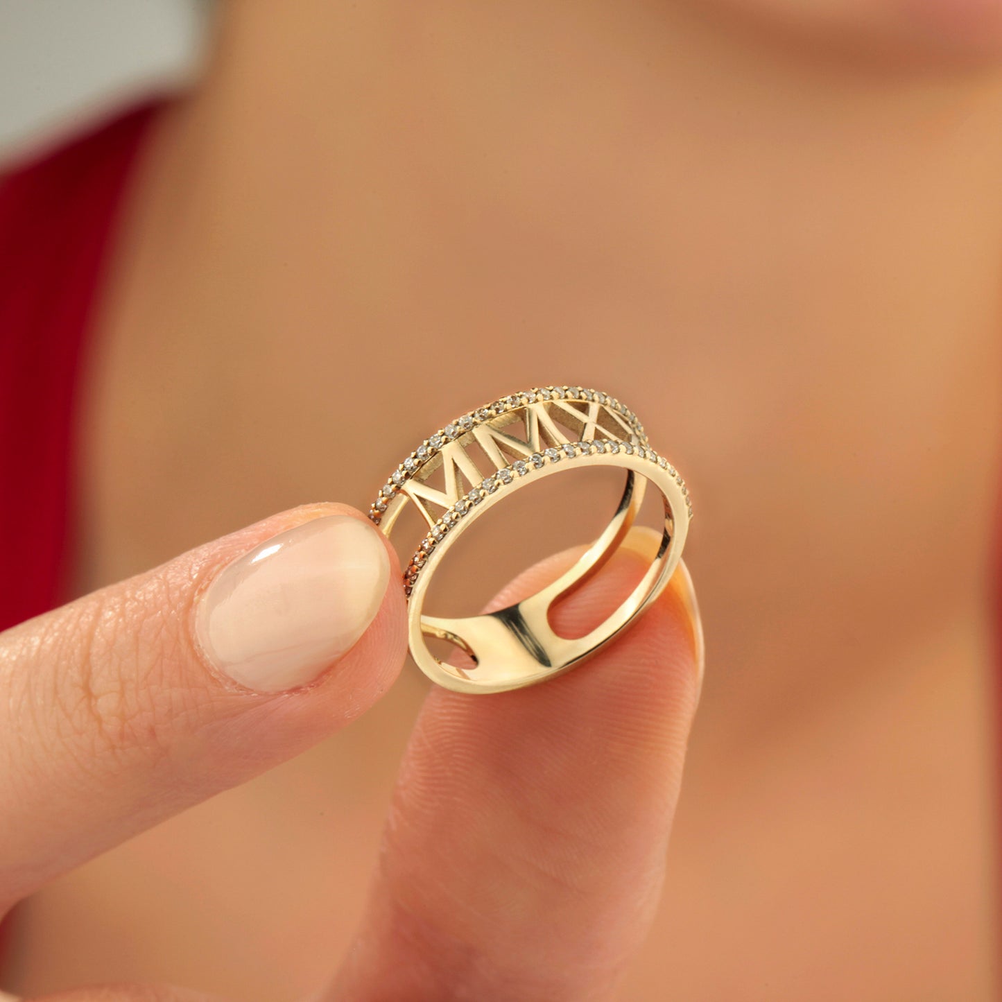 14K Roman Numeral Gold Ring with Zircon Stones