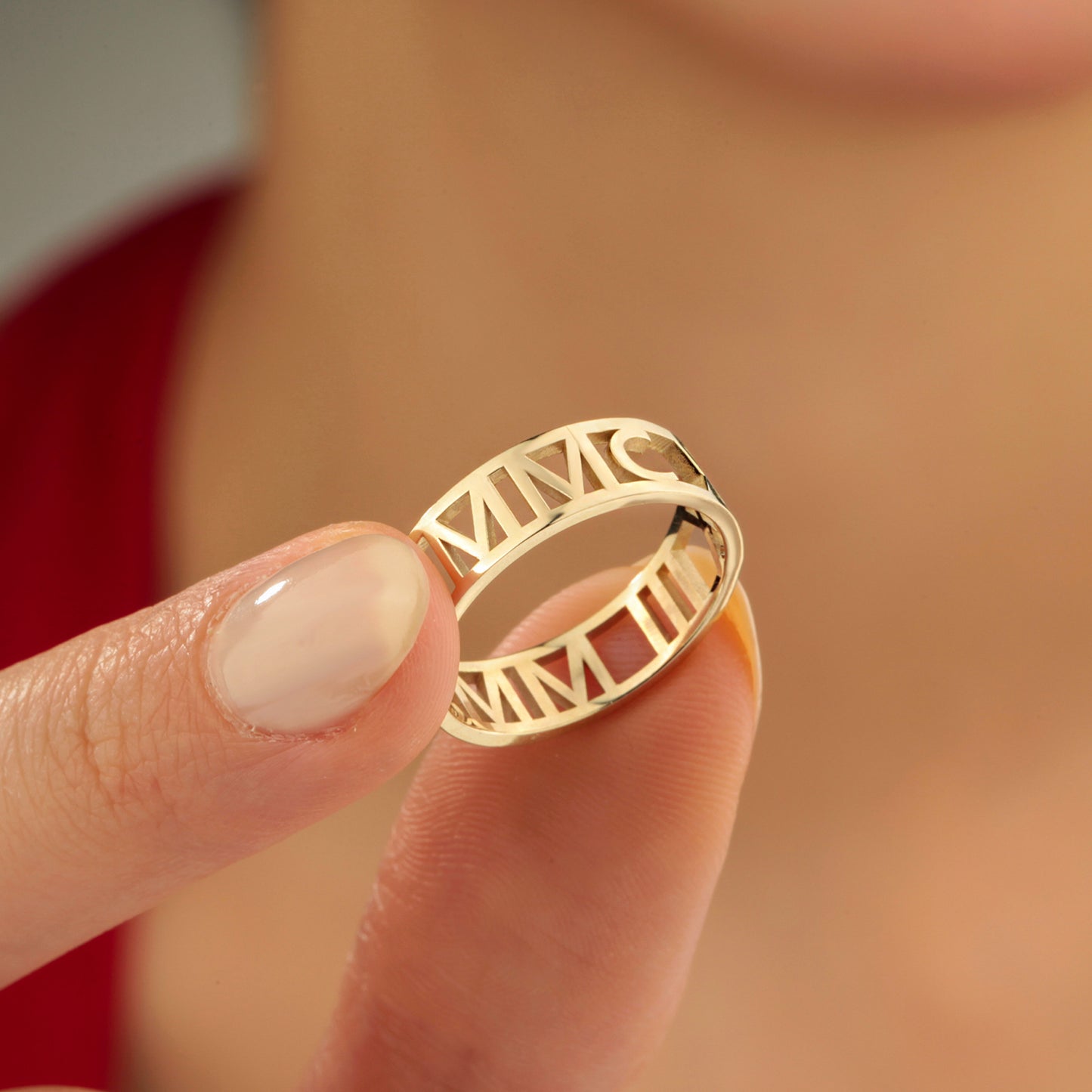 14K Roman Numeral Gold Band Ring