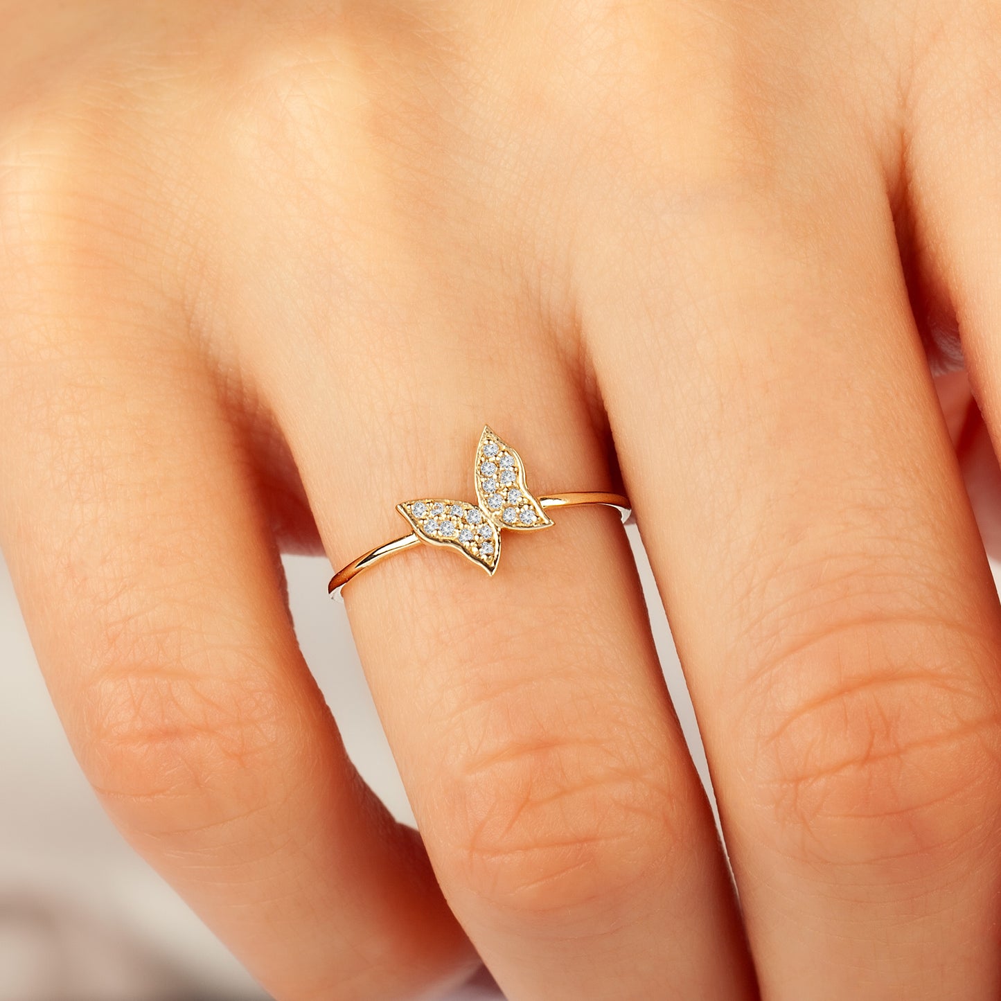 Solid Gold Butterfly Ring with cubic zirconia