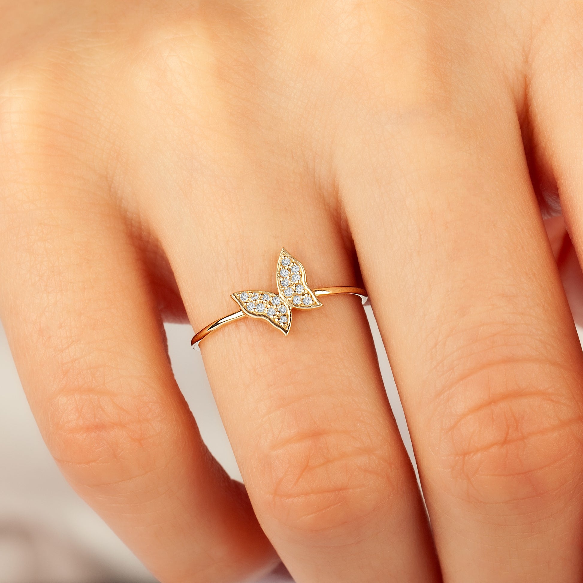 Solid Gold Butterfly Ring with cubic zirconia