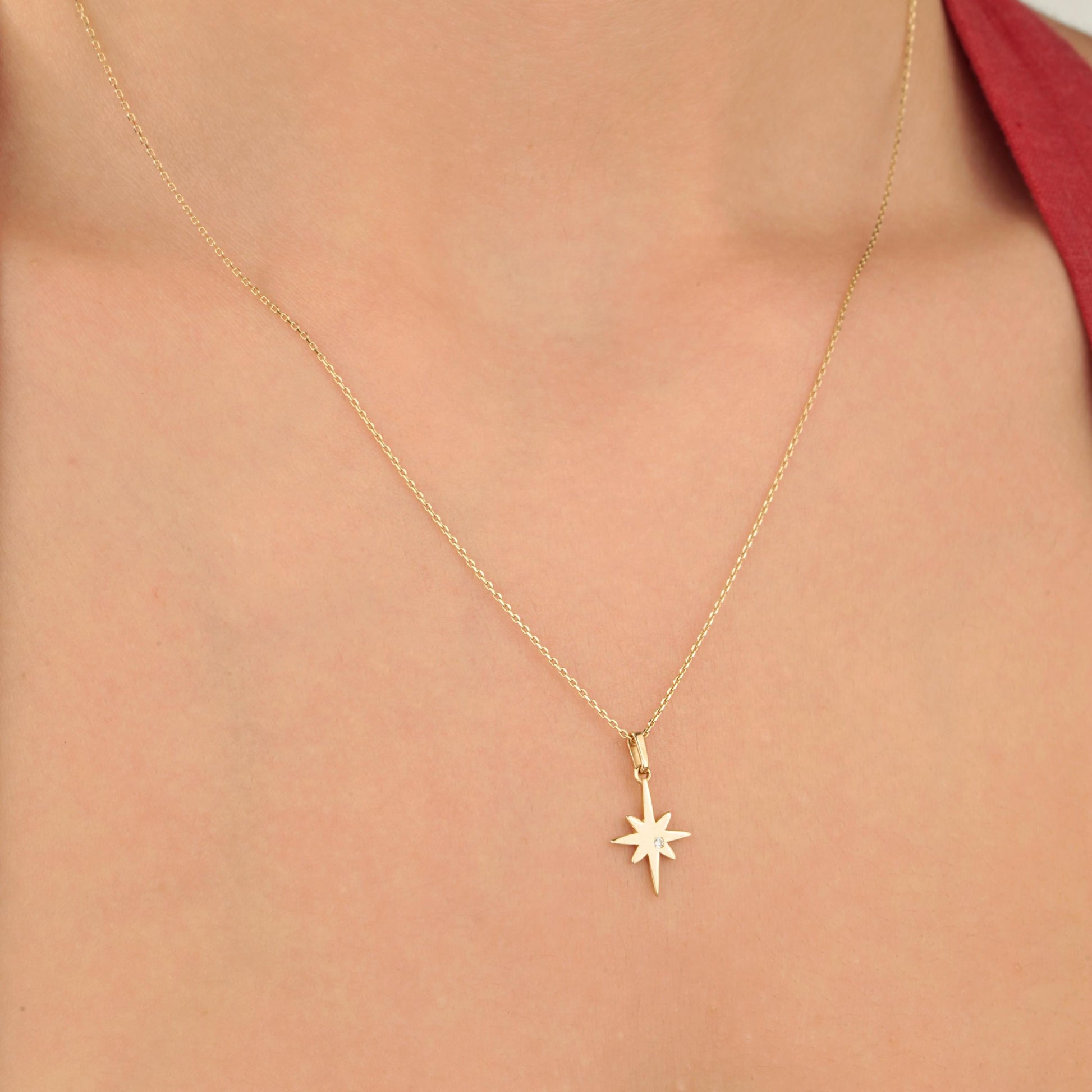 14k Solid Gold Diamond North Star Pendant Necklace, Star Necklace, Celestial Pendant, Shimmering Celestial Charm, Perfect Gift for Women