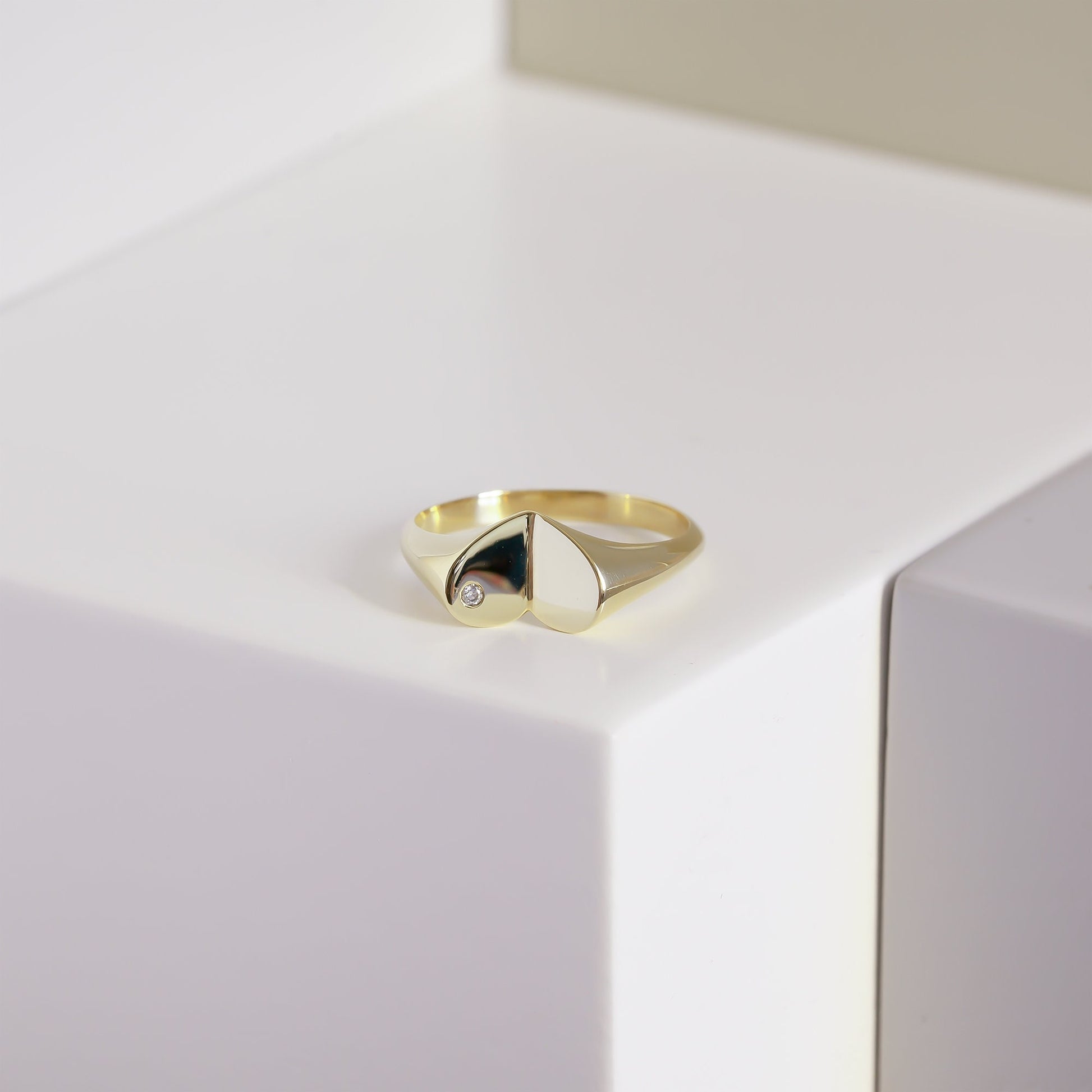 14k Solid Gold Diamond Heart Signet Ring,  X Large Heart Ring, Bold Gold Ring, Chunky Diamond Ring, Elegant Thick Anniversary Ring For Her