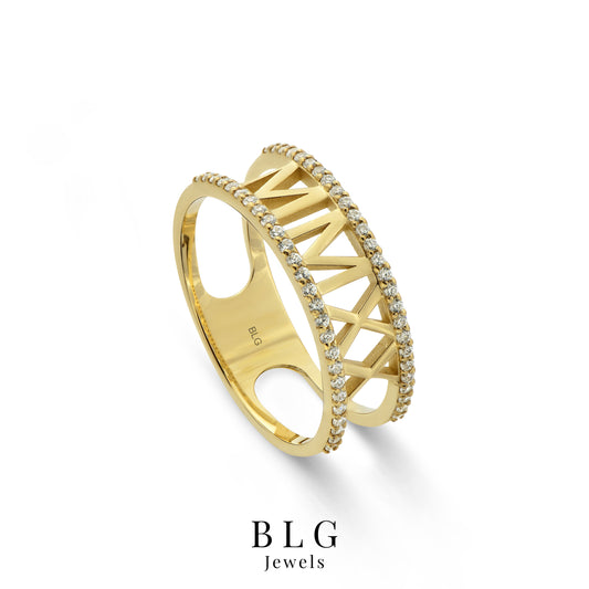 14K Roman Numeral Gold Ring with Zircon Stones