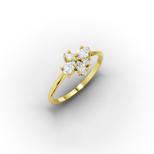 14K Gold Flower Ring – Dainty Marquise-CZ Cluster Band
